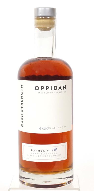Oppidan Rye Whiskey: ** IF YOU MAY NEED SHIPPING PLEASE CALL US BEFORE BIDDING ON BOTTLES. 847-625-0555. ** Oppidan Rye Whiskey: 61.6 proof, 750ml and full/sealed. Batch 11mo. and 14 days. Cask strength. Binnys.
