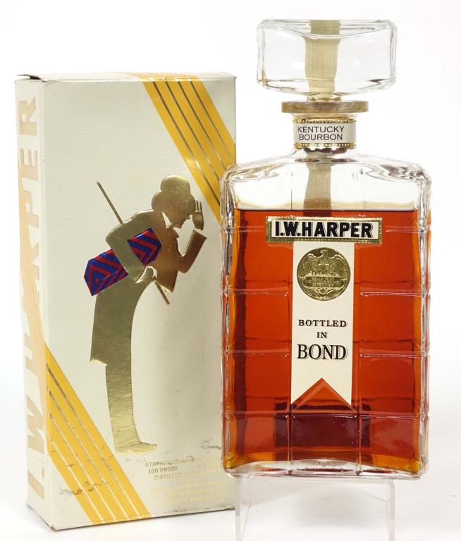 1962 I.W. Harper BiB Kentucky Straight Bourbon: ** IF YOU MAY NEED SHIPPING, PLEASE CALL US BEFORE BIDDING ON BOTTLES. 847-625-0555. ** 1962 IW Harper Bottled in Bond Kentucky Straight Bourbon Bottle: 100 proof, 4/5 qt and sealed with box. Slightly