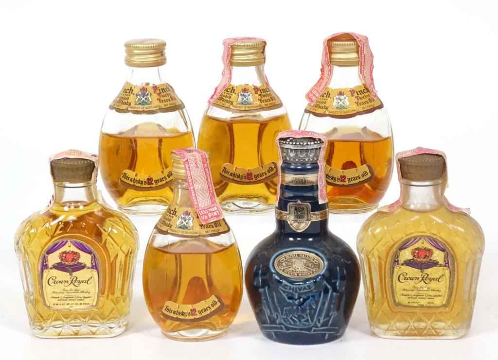 Mini Bottles (7): ** IF YOU MAY NEED SHIPPING, PLEASE CALL US BEFORE BIDDING ON BOTTLES. 847-625-0555. ** Includes: 1989 Pinch Haig and Haig (4): 86 proof and all sealed. 1976 and 1 Unknown Year Crown Royal (2): 80 pro