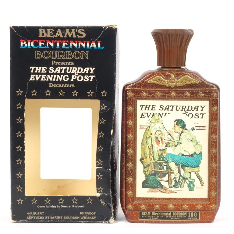 Beams Bicentennial Bourbon Decanter: **IF YOU MAY NEED SHIPPING, PLEASE CALL US AND SPEAK WITH IAN BEFORE BIDDING ON BOTTLES. 847-625-0555.** Beams Bicentennial Bourbon Decanter Presents The Saturday Evening Post: 80 proof, 4/5 qt and se