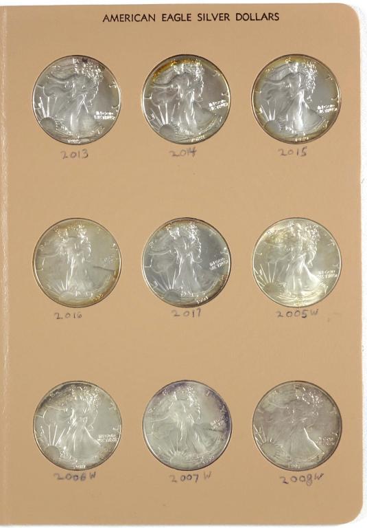 U.S. $1 Silver Eagle Bullion Coins (9): 9 U.S. Silver Eagle $1 bullion coins: 1986, 1987 (x2), 1988, 1989, 1990 (x2), 1991 (x2). Each coin is 1 troy ounce of 0.999 fine silver. Comes in a DANSCO album page.