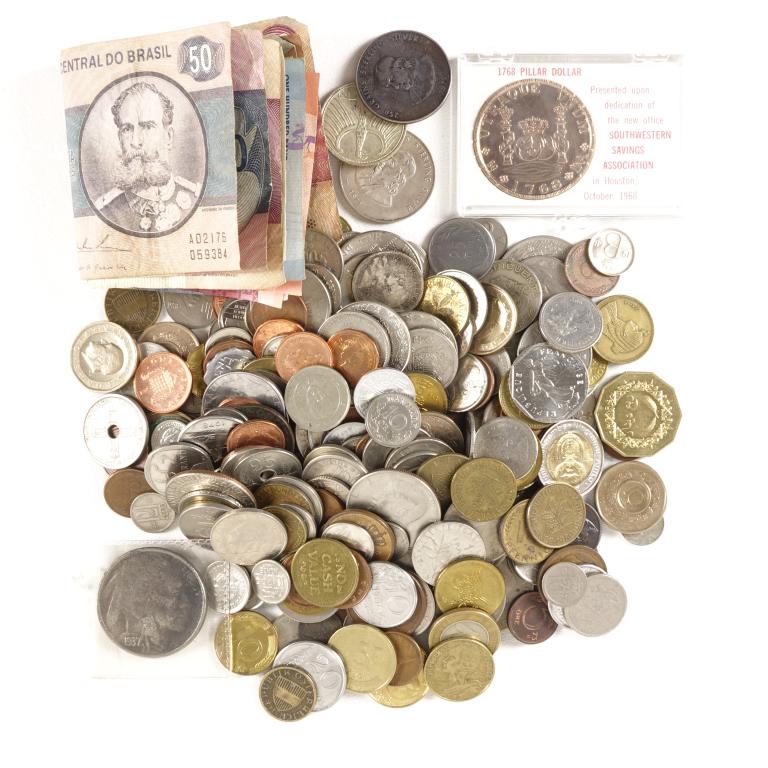 World Coins and Currency: Sterling tokens (250 grains, 33,3 grams twt) ** 1971J West German 5 marks (0.625 silver) ** 2+ pounds of world coins ** 15 banknotes (South Africa, Yugoslavia, Denmark, Belgium, Brazil, Mexico).