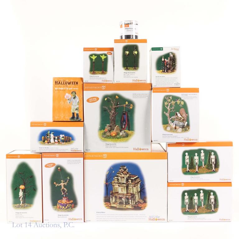 Dept. 56 Halloween Lot: Grimsley Manor 56.55004 Rock-A-Bye-Vampire 56.53128- still sealed Animated Graveyard 56.52513 Mummy Mischief 56.53148 Killing Time 56.53164 Bat Lights 56.53167 Don't Forget to Tip Your Server 809361 G