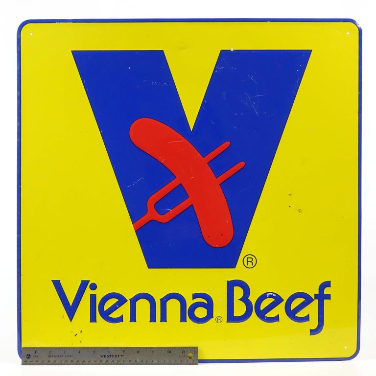 Vienna Beef Tin Sign: Some faint scratches on front. Needs a good cleaning on back. 23.5" x 23.5".