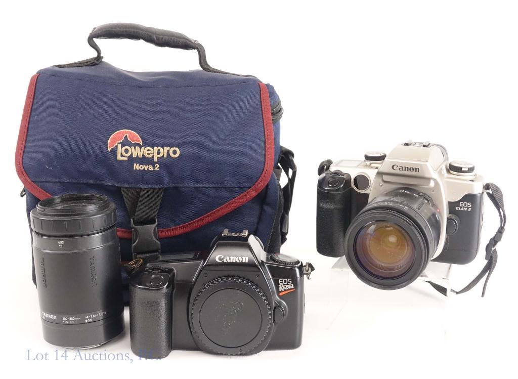 Canon EOS Cameras (2) & 2 Lenses: Canon EOS Elan II 35mm camera. Canon EOS Rebel 35mm camera. Tamron 28-105mm 1:4-5.6 zoom AF lens- scratched. Tamron 100-300mm 1:5-6.3 zoom lens Lowepro Nova 2 camera bag.
