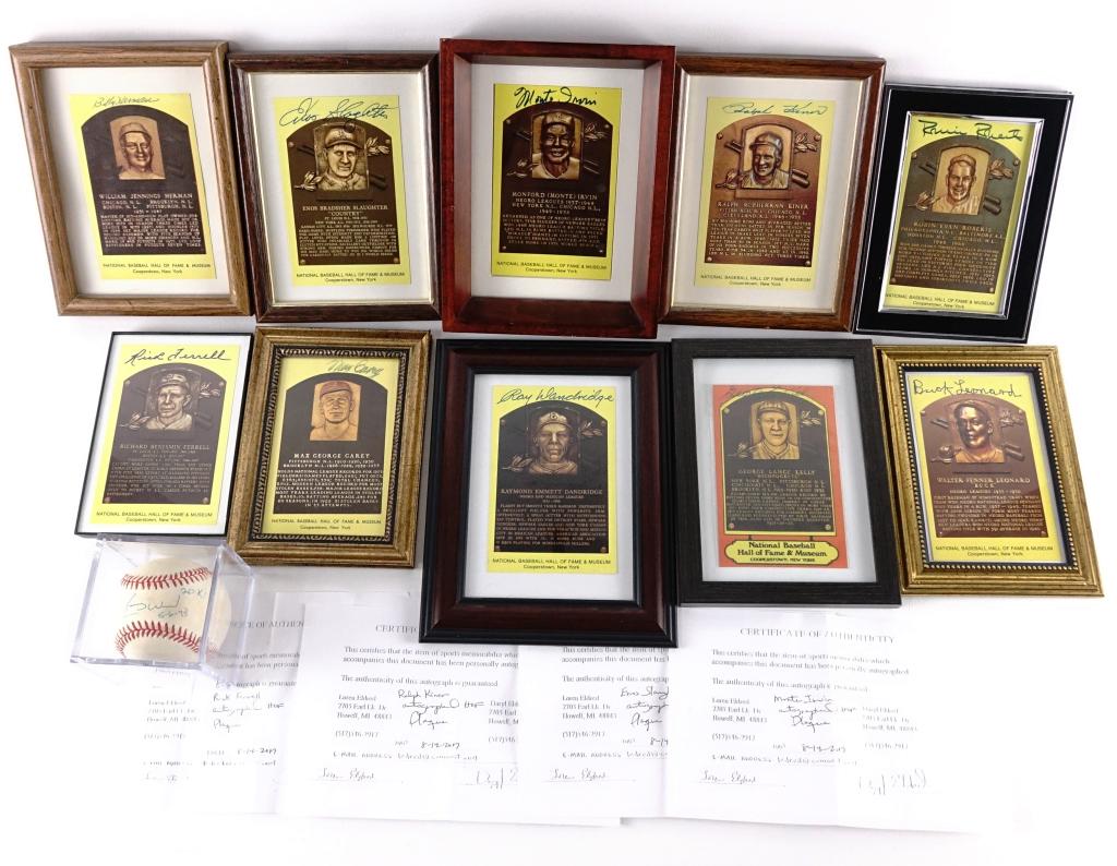 Baseball Hall of Fame Plaque Postcards: Signed and framed. Max Carey, Ray Dandridge, Billy Herman, Rick Ferrell, Monte Irvin, George Kelly, Ralph Kiner, Buck Leonard, Robin Roberts, Enos Slaughter.