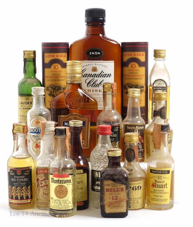 Assorted Mini-Bottles: Includes: Canadian Club, Wild Turkey, Booths High and Dry Gin, Smirnoff Vodka, Vat 69 Blended Scotch Whisky (x2), Montezuma Tequila, Finlandia, House of Stuart, Seagrams 100 Pipers (x2), Seagrams V.O,