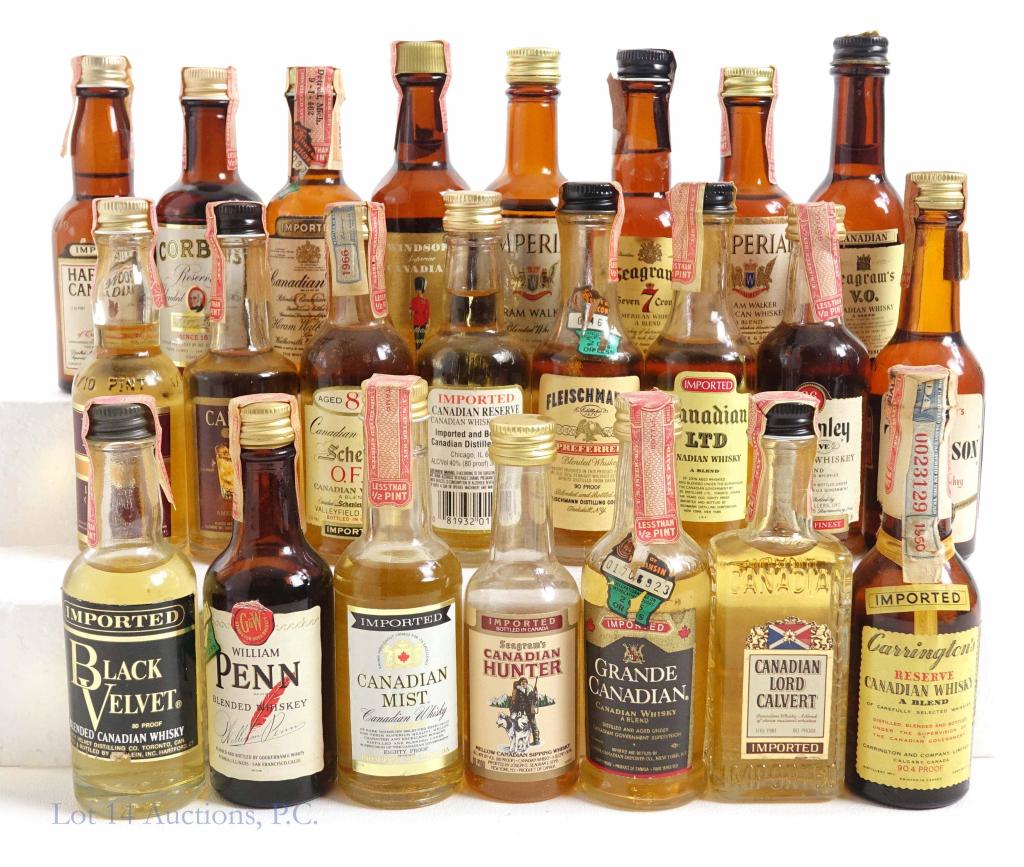 Whiskey - 23 Mini Bottles: **IF YOU MAY NEED SHIPPING, PLEASE CALL US AND SPEAK WITH IAN BEFORE BIDDING ON BOTTLES. 847-625-0555.** Most are Canadian.