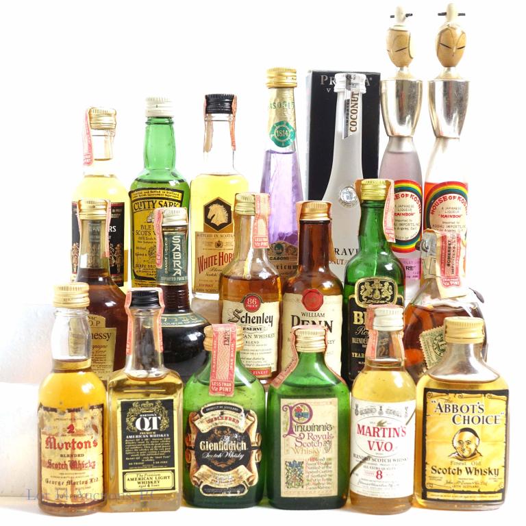 Mini Bottles (19) of Liquor: **IF YOU MAY NEED SHIPPING, PLEASE CALL US AND SPEAK WITH IAN BEFORE BIDDING ON BOTTLES. 847-625-0555.** Pinch, Morton, Bell's, Cutty Sark, 100 Pipers, Hennessy VSOP, Pravda Vodka, Glenfiddich, and mo