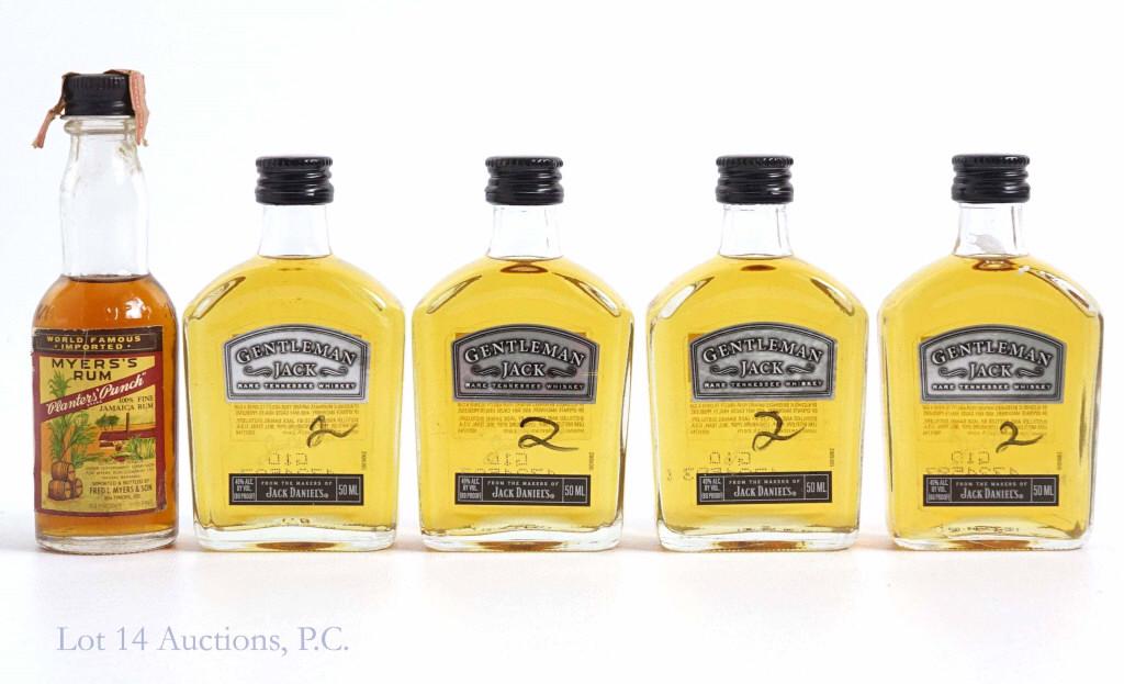 Whiskey Minis and Myers's Rum: **IF YOU MAY NEED SHIPPING, PLEASE CALL US AND SPEAK WITH IAN BEFORE BIDDING ON BOTTLES. 847-625-0555.** Gentleman Jack (4) - 50 ml, 80 proof, sealed. Myers's Rum - 1/10 pint, 80 proof, not sealed.