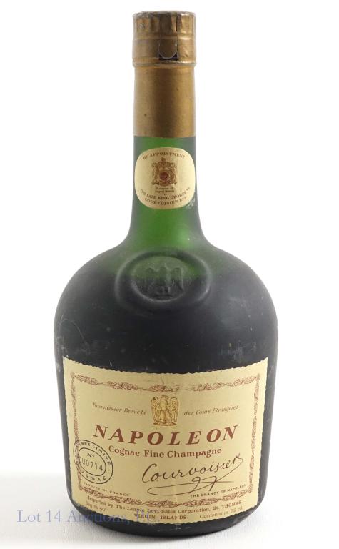 Courvoisier Napoleon Cognac: ***IF YOU MAY NEED SHIPPING, PLEASE CALL US BEFORE BIDDING ON BOTTLES. 847-625-0555.*** Late 50s (?). Full and sealed.