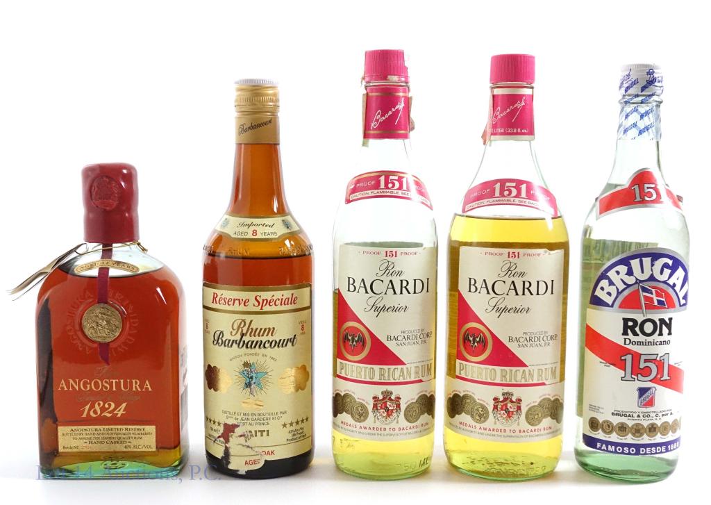 151 Rum / Barbancourt / Angostura (5)*: ***IF YOU MAY NEED SHIPPING, PLEASE CALL US BEFORE BIDDING ON BOTTLES. 847-625-0555.*** 3 open: 151, 151 and Barbancourt. 2 sealed: Brugal and Angosturo.