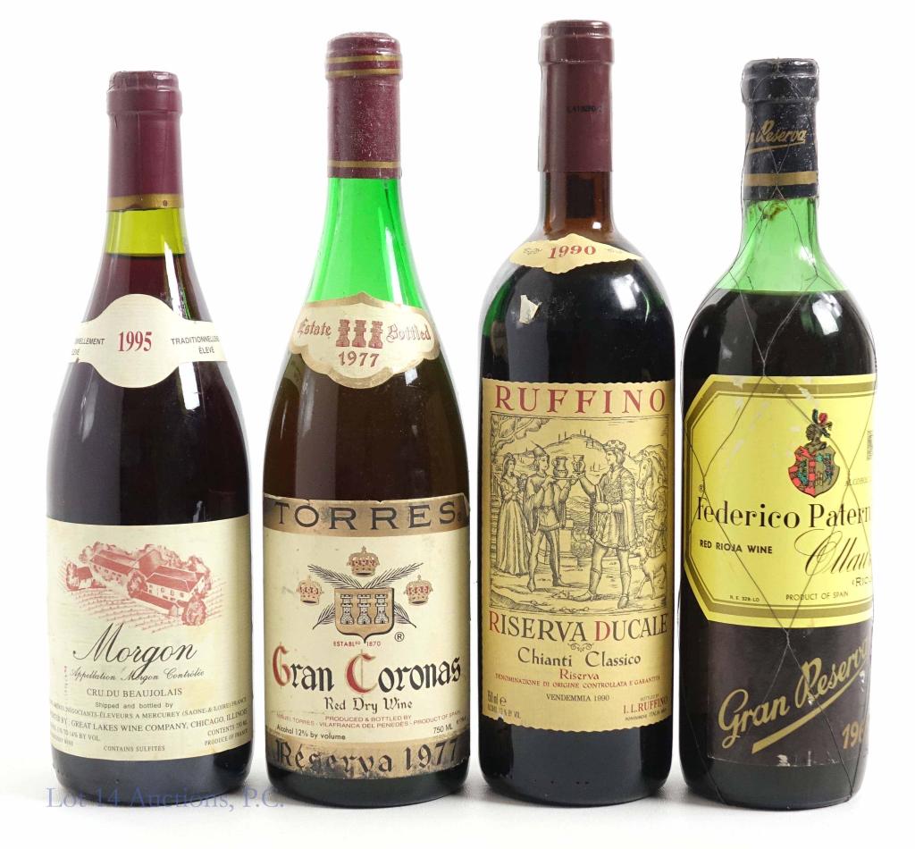 Four Bottles of Wine: **IF YOU MAY NEED SHIPPING ON BOTTLES PLEASE CALL US BEFORE BIDDING! 847-625-0555!** 1995 Morgon: 11-14%, 750ml and sealed. 1990 Ruffino Riserva Ducale: 13%, 750ml and sealed. 1967 Federico Paterinina