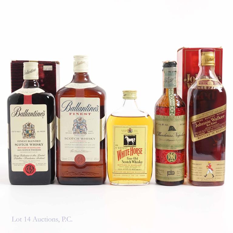 Scotch and Liqueur Multi-Bottle Lot: **IF YOU MAY NEED SHIPPING, PLEASE CALL US AND SPEAK WITH IAN BEFORE BIDDING ON BOTTLES. 847-625-0555.** Ballantine's Blended Scotch, sealed in box, 86 proof, 750 ml. Ballantine's Finest Scotch, seale