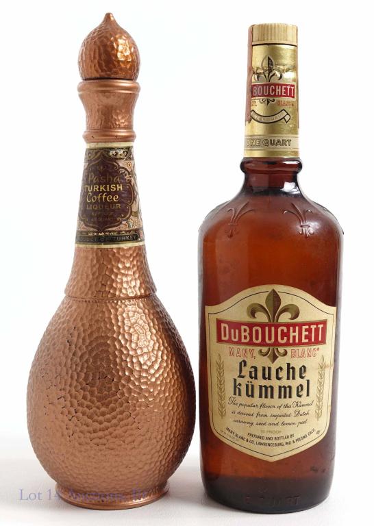 Pasha Liqueur and Dubouchett: **IF YOU MAY NEED SHIPPING, PLEASE CALL US AND SPEAK WITH IAN BEFORE BIDDING ON BOTTLES. 847-625-0555.** Pasha Turkish Coffee Liqueur, sealed, 53 proof, 4/5 quart. Dubouchett Lauche Kummel, sealed, 70