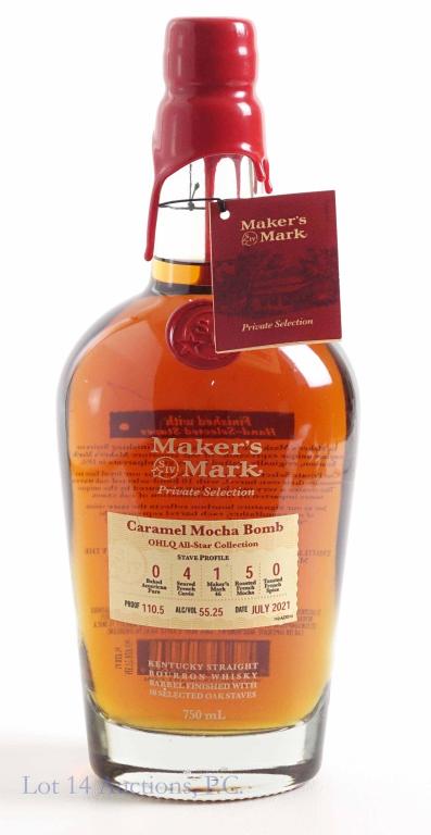 2021 Maker's Mark "Caramel Mocha Bomb" Bourbon: **IF YOU MAY NEED SHIPPING, PLEASE CALL US AND SPEAK WITH IAN BEFORE BIDDING ON BOTTLES. 847-625-0555.** July 2021, full and sealed, with neck tag. Etch: L1260MMC 071581623. 110.5 proof, 750 ml.