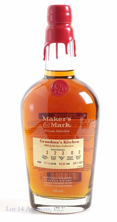 2021 Maker's Mark "Grandma's Kitchen" Bourbon: **IF YOU MAY NEED SHIPPING, PLEASE CALL US AND SPEAK WITH IAN BEFORE BIDDING ON BOTTLES. 847-625-0555.** July 2021. Full and sealed. Etch: L1252 MMC 071101641. 111.3 proof, 750 ml.