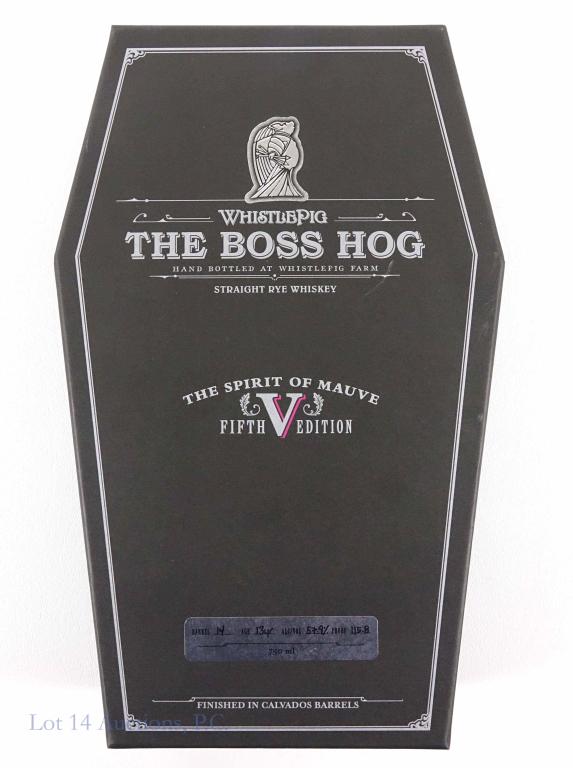 Whistlepig - The Boss Hog: **IF YOU MAY NEED SHIPPING, PLEASE CALL US AND SPEAK WITH IAN BEFORE BIDDING ON BOTTLES. 847-625-0555.** 5th edition. Coffin-shaped box. Barrel: 14, age 13-year. Vol: 57.9, 115.8 proof. 750 ml.