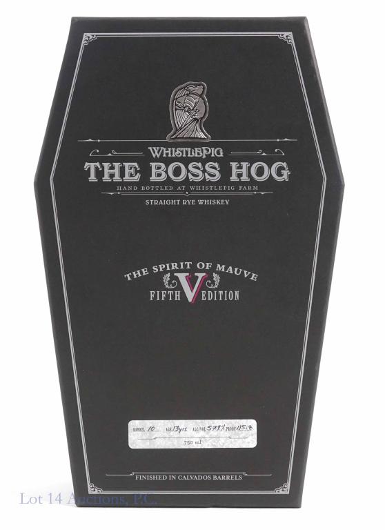The Whistlepig - Boss Hog Fifth Ed.: **IF YOU MAY NEED SHIPPING, PLEASE CALL US AND SPEAK WITH IAN BEFORE BIDDING ON BOTTLES. 847-625-0555.** Barrel 10, 13 years. Box is sealed. 115.8. proof, 750 ml.