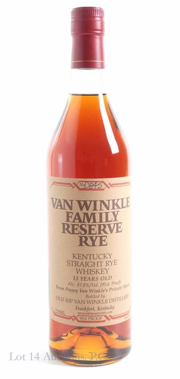 2013 13-Year Old Van Winkle Family Reserve Rye: **IF YOU MAY NEED SHIPPING, PLEASE CALL US AND SPEAK WITH IAN BEFORE BIDDING ON BOTTLES. 847-625-0555.** 95-6 proof, 750 ml. No. 0845. Laser etch: B1320417.