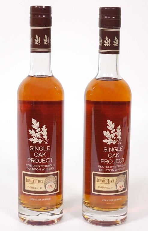 Single Oak Project Buffalo Trace (2): ** IF YOU MAY NEED SHIPPING, PLEASE CALL US BEFORE BIDDING ON BOTTLES. 847-625-0555. ** Single Oak Project Buffalo Trace (2): 90 proof, 375ml and sealed. Barrels: 140 and 155.