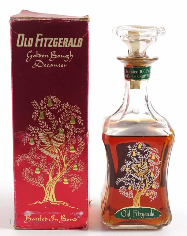 1970 Old Fitzgerald Golden Bough Bonded Bourbon: **IF YOU MAY NEED SHIPPING, PLEASE CALL US AND SPEAK WITH IAN BEFORE BIDDING ON BOTTLES. 847-625-0555.** 1964-70. Shoulder fill. Sealed, some staining to strip. With box. 100 proof, 4/5 quart.