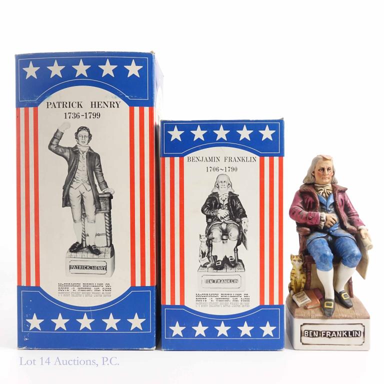 McCormick Bourbon Patriotic Decanters (3): **IF YOU MAY NEED SHIPPING, PLEASE CALL US AND SPEAK WITH IAN BEFORE BIDDING ON BOTTLES. 847-625-0555.** American Legion 50th decanter. 10-year. In box. Box damaged. Sealed. 86 proof, 4/5 quart. Patri