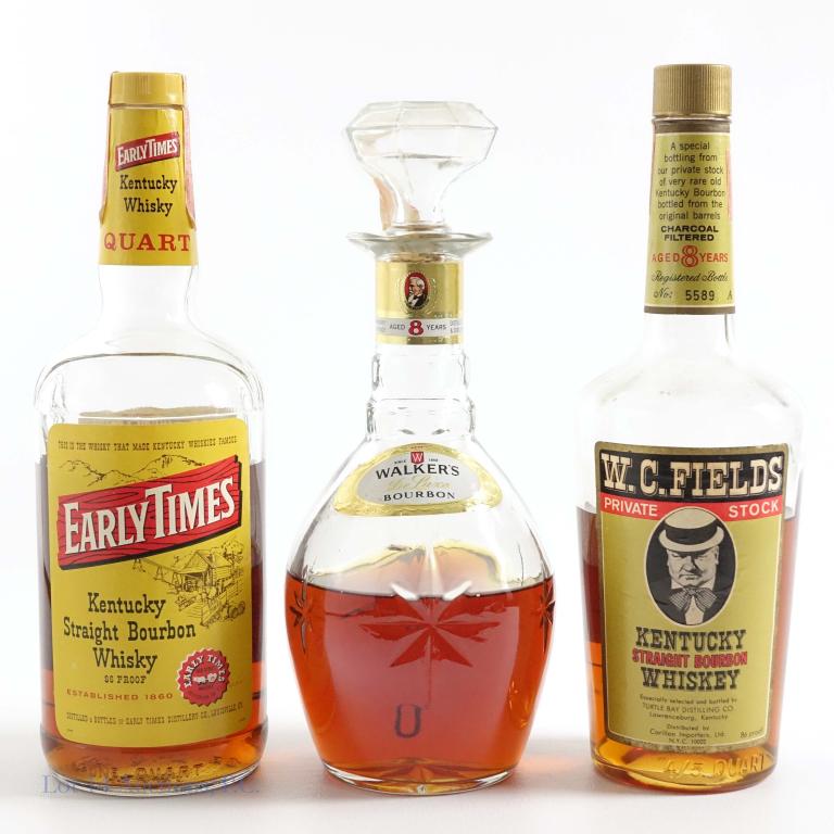 Three Open Bourbons*: ***IF YOU MAY NEED SHIPPING, PLEASE CALL US BEFORE BIDDING ON BOTTLES. 847-625-0555.*** '69 Early Times, 1973 Walkers, '68 W.C Fields. **ALL OPEN**