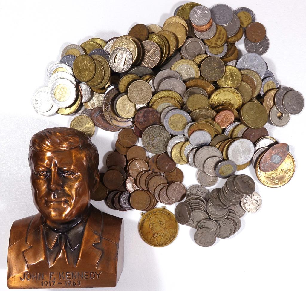 World Coin & Token Lot (3+ lbs) + Kennedy Bank (1 of 9)