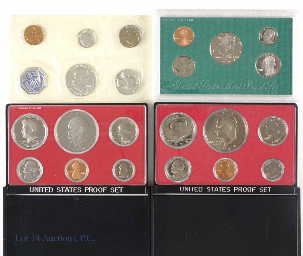 1961, 73, 76, 97 Proof Sets: 4 United States proof sets: 1961, 1973, 1976, 1997. The 1961 set, in its original envelope is in gem BU condition with 90% silver dime, quarter, and half dollar.