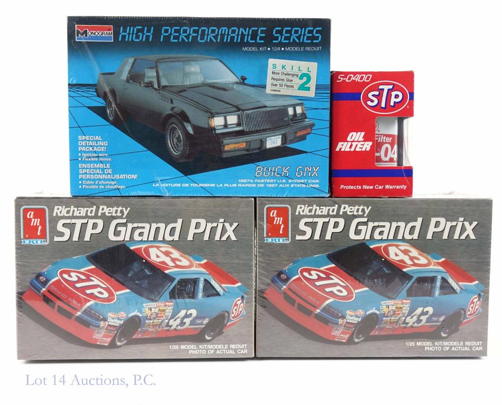 AMT & Monogram Model Kits (3): AMT & Monogram Model Kits (3). Includes (2) AMT Richard Petty STP Grand Prix & (1) Monogram Buick GNX. All of which are still sealed in their original packaging. Also includes a can of STP Oil Filter.