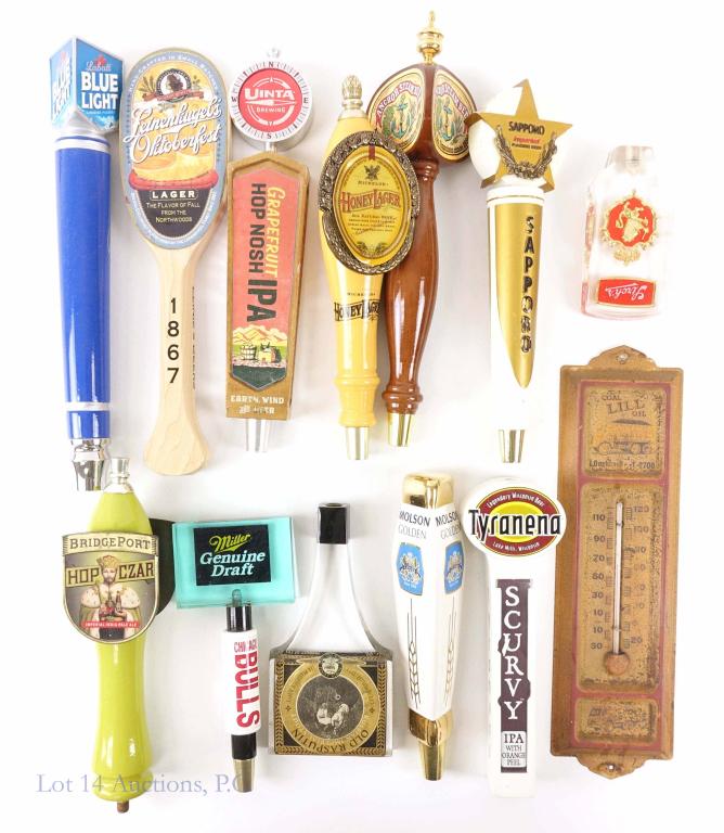 Vintage Beer Tap Handles (12) and Thermometer: Vintage beer tap handles, 12 total. Vintage "Coal LILL Oil" 1950's Thermometer, rusted around the surface.