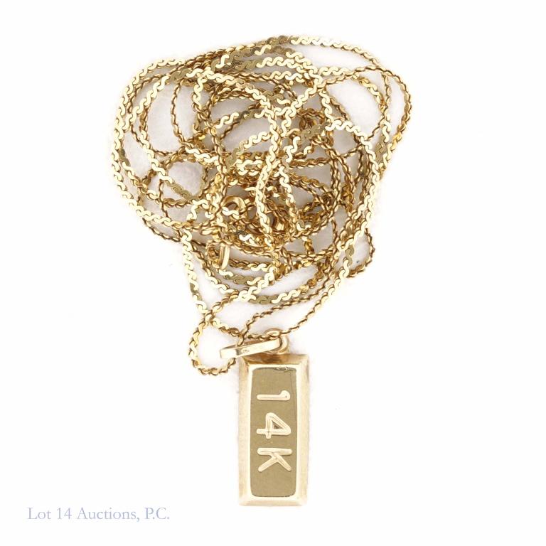 14K Gold Bar Charm on 14K Gold Long Chain: Charm 0.51g. 29 3/4" long chain. Chain: 2.22g. Both test 14K.