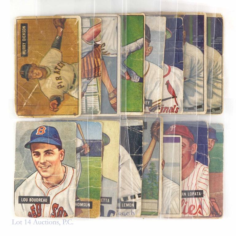 1951 (+ a 1950) Bowman Baseball Cards (16): (15) 1951 Bowman baseball cards: The lot includes a very rough Chico Carrasquel, a rough Bob Lemon, Phil Cavaretta, Bobby Thomson, Lou Boudreu, and a 1950 Fred Sanford.