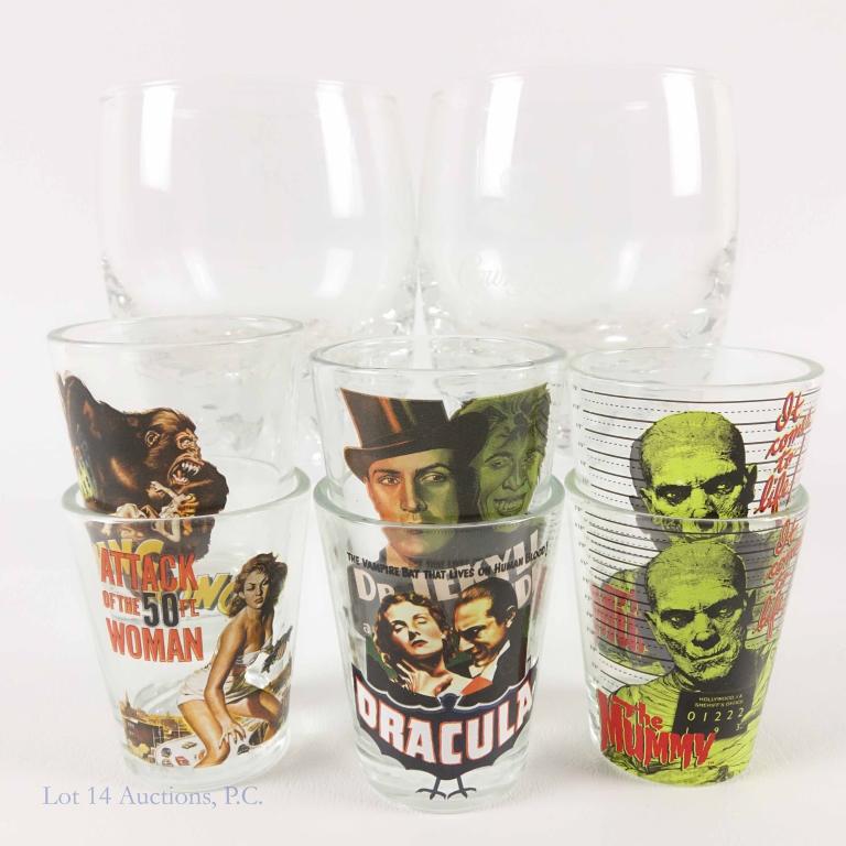 Lot of Horror & Crown Royal Glasses: (7) horror themed shot glasses featuring: The Mummy, King Kong, Dr. Jekyll Mr. Hyde, the 50 Foot Woman, Dracula. (2) Crown Royal branded (double??) old fashioned glasses.