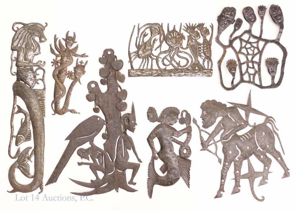 Haitian Voudou / Voodoo Metal Wall Sculptures (7): Made from recycled steel oil drums, traditional Haitian metal folk art). Artists include Gabriel Bien-Amie and Serge Jolimeau. Sizes range from 12 to 36" tall. Some are signed some are un-signed.