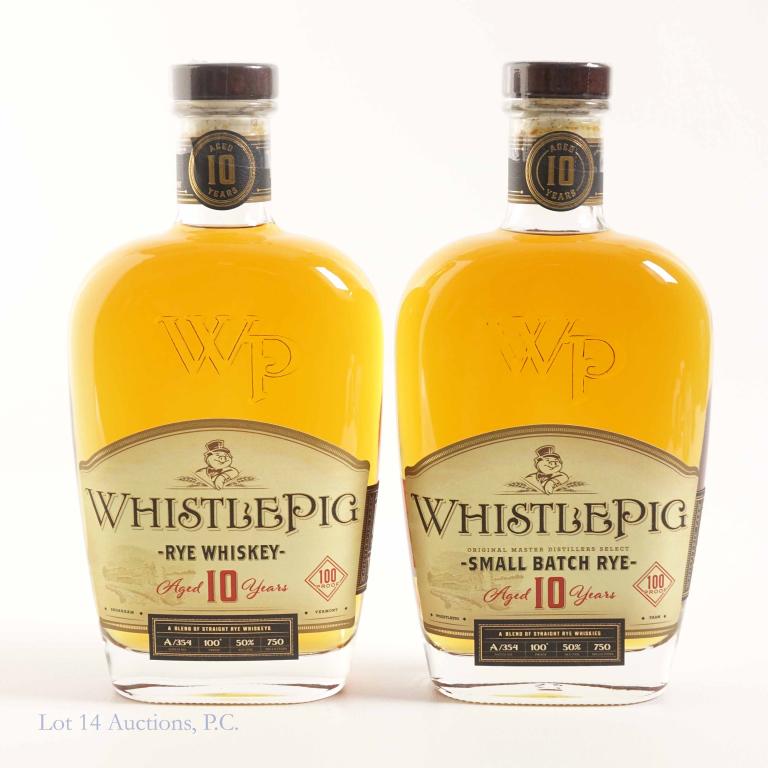Whistlepig Rye Whiskey Bottles (2): *** IF YOU MAY NEED SHIPPING, YOU MUST SPEAK WITH IAN BEFORE BIDDING ON BOTTLES*** Whistlepig Small Batch Rye: 100 proof, 750ml and sealed. Aged 10 years. Batch A/354. Whistlepig Rye Whisky: 100 proof