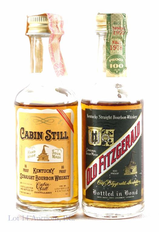 Mini Bottles: 1978 Old Fitz & Pre-1982 Cabin Still: *** IF YOU MAY NEED SHIPPING, YOU MUST SPEAK WITH IAN BEFORE BIDDING ON BOTTLES*** 2 mini bottles with bourbon whiskey: 1978 Old Fitzgerald. Bottled in Bond (BiB). 6 years. 100 proof. 1/10 pint. Full 