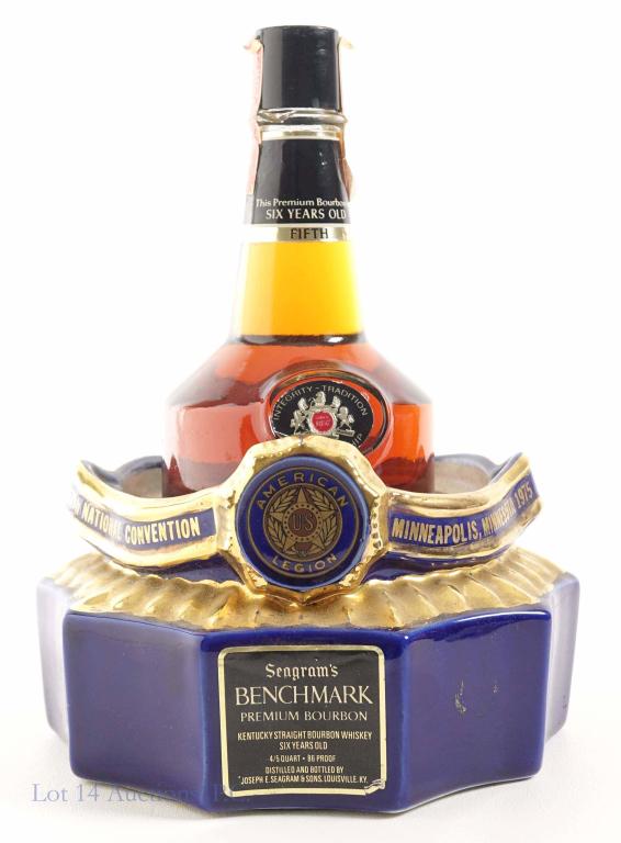 1975 Seagram's Benchmark Premium Bourbon: *** IF YOU MAY NEED SHIPPING, YOU MUST SPEAK WITH IAN BEFORE BIDDING ON BOTTLES*** 1975 Seagram's Benchmark Premium Bourbon Bottle: 86 proof, 4/5 qt and sealed. 6 year. Comes in ceramic (?) / porcelai