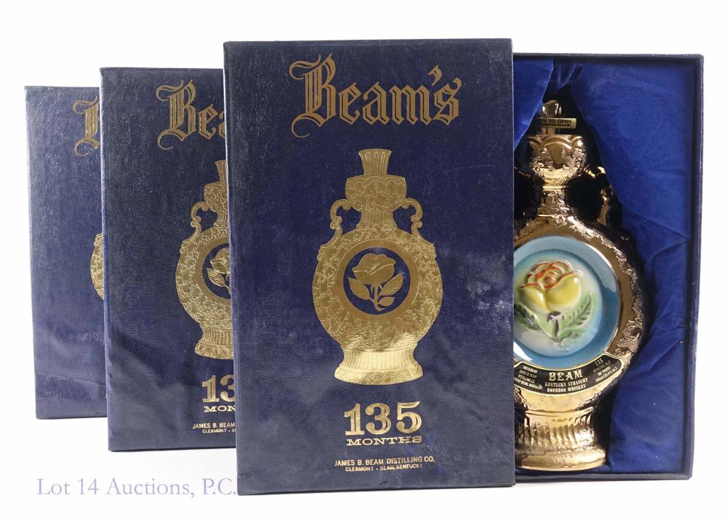 1970 Beam's Decanters - Full & Sealed (3): *** IF YOU MAY NEED SHIPPING, YOU MUST SPEAK WITH IAN BEFORE BIDDING ON BOTTLES*** (3) 1970 Beam's decanters. 135 months. 80 proof. 750 ml. Full & sealed. In presentation boxes (but these boxes are in
