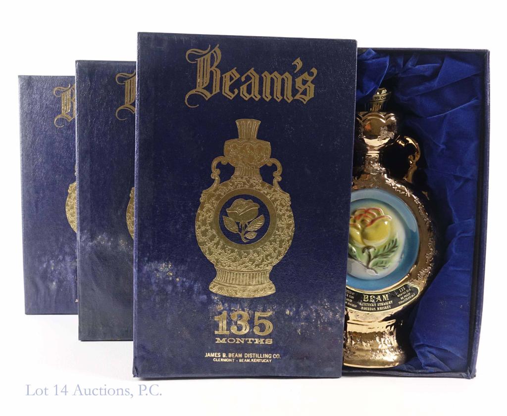 1970 Beam's Decanters - Full & Sealed (3): *** IF YOU MAY NEED SHIPPING, YOU MUST SPEAK WITH IAN BEFORE BIDDING ON BOTTLES*** (3) 1970 Beam's decanters. 135 months. 80 proof. 750 ml. Full & sealed. In presentation boxes (but these boxes are in