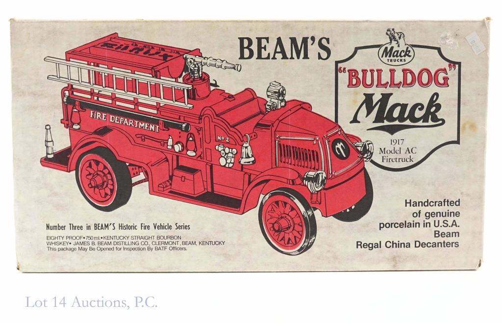 Beam's Mack 1917 Fire Truck Decanter (Sealed Box): *** IF YOU MAY NEED SHIPPING YOU MUST SPEAK WITH IAN BEFORE BIDDING ON BOTTLES*** Beam's "Bulldog" Mack 1917 Model AC fire truck decanter. In still sealed box. 80 proof. 750 ml.