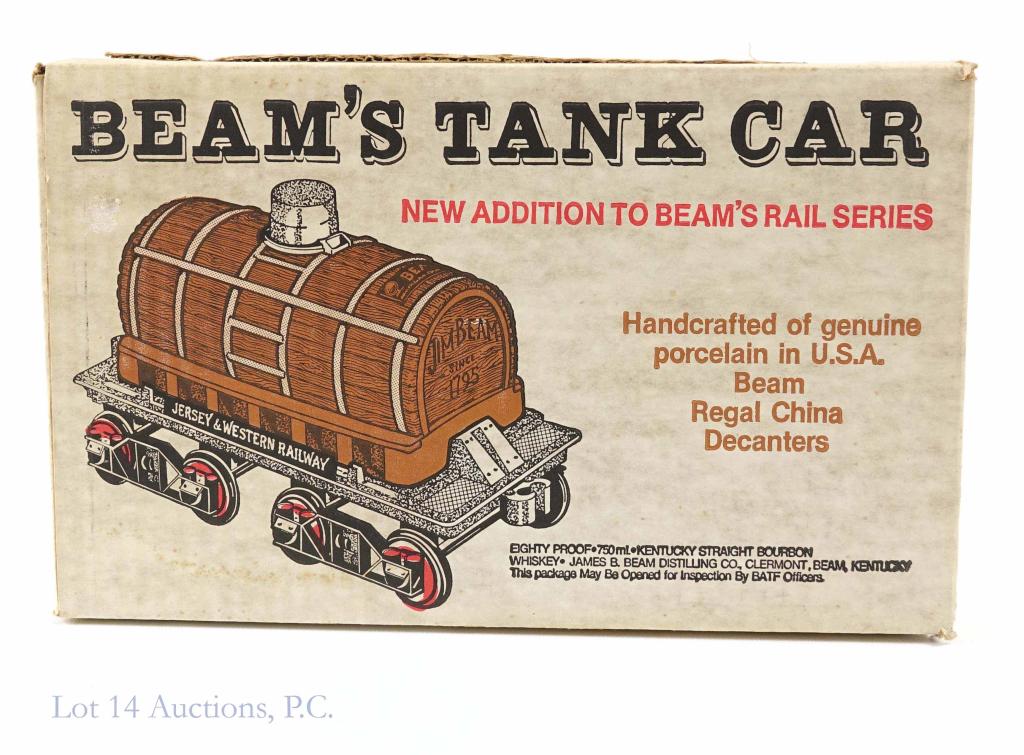 Beam's Tank Car Decanter (Sealed Box): *** IF YOU MAY NEED SHIPPING YOU MUST SPEAK WITH IAN BEFORE BIDDING ON BOTTLES*** Beam's Tank Car decanter. Still in sealed box. 80 proof. 750 ml.