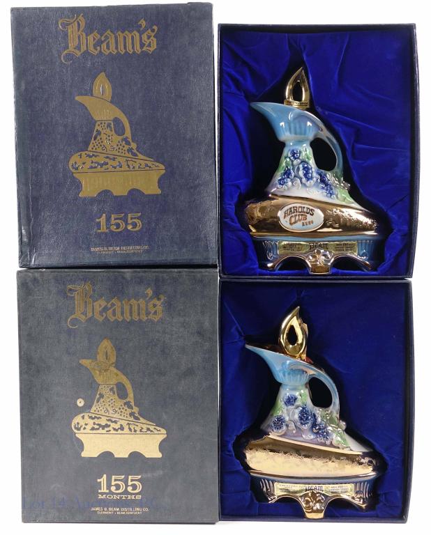 Beam's Whisky Decanters - Sealed (2): *** IF YOU MAY NEED SHIPPING YOU MUST SPEAK WITH IAN BEFORE BIDDING ON BOTTLES*** (2) Beam's Kentucky Bourbon Whisky decanters. 80 proof. 750 ml. 155 months. Both are sealed and sound full. Both in pr
