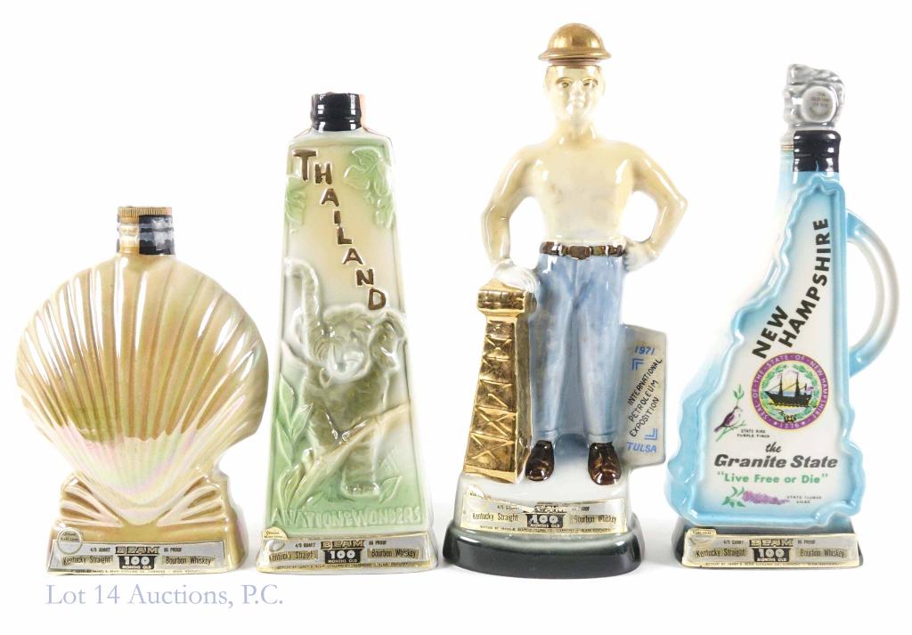 Beam's Whiskey Decanters (4): *** IF YOU MAY NEED SHIPPING YOU MUST SPEAK WITH IAN BEFORE BIDDING ON BOTTLES*** 4 Beam's Bourbon Whiskey decanters: New Hampshire, Thailand, Florida Sea Shell, 1971 International Petroleum Expositio