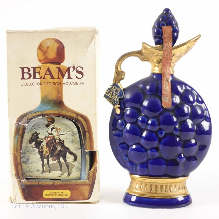 Beam 10 Year & 175 Month Whiskey Decanters (2): *** IF YOU MAY NEED SHIPPING YOU MUST SPEAK WITH IAN BEFORE BIDDING ON BOTTLES*** 2 Beam Whiskey decanters: Remington Bottle - some paint chipping (80 proof, 750 ml, 10 years). Regal decanter (86 proo