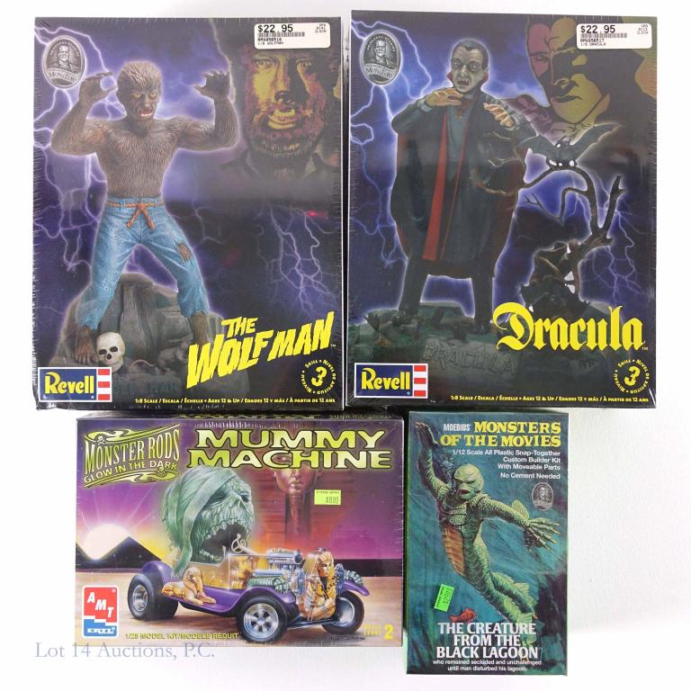 Revel 1:8 Scale Figurines Models and Other Kits: The Wolf Man Figurine: 8.5" and unopened. Dracula Figurine, 8" and unopened. AMT Monster Rods glow-in-the-dark Mummy machine 1/25 model. Monsters of the Movies 1/12 Scales Plastic Kit Creature.