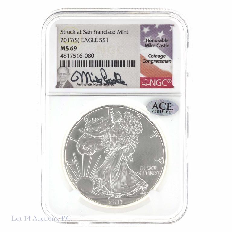 2017(-s) Silver Eagle (NGC MS69 Mike Castle Sig.): 2017(-s) United States $1 Silver Eagle (San Francisco Mint, but no mint mark). 1 troy ounce of 0.999 fine silver. Graded by NGC as MS 69. The holder is signed by former Congressman Mike Castle of "Pla