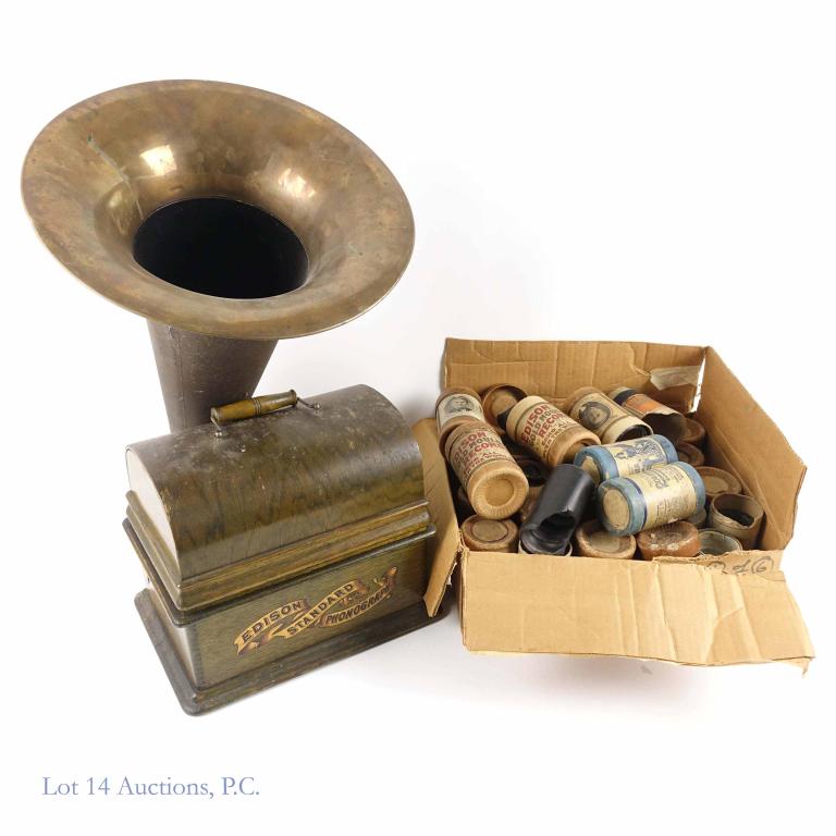 Edison Standard Phonograph & Cylinders: Last patent is 1903. Reproducer marked Model C. Speaker funnel included. 15+ cylinders - various conditions.