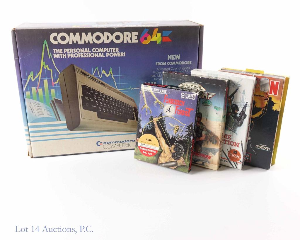 Commodore 64 Computer: In box, with games. 64k of memory. Power cords and Centronics parallel print interface with graphics. Includes games (disks, instructions, box). F-15 Strike Eagle, Platoon, Wargame Construction Set, F